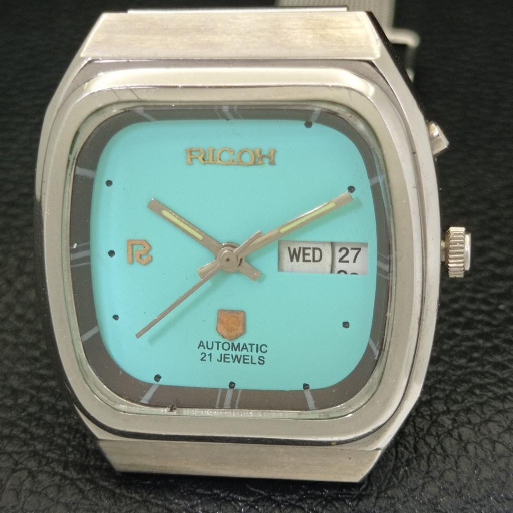 VINTAGE RICOH R31 AUTOMATIC JAPAN MENS SEA GREEN COLOR DIAL WATCH A500611-5 R153-a500611