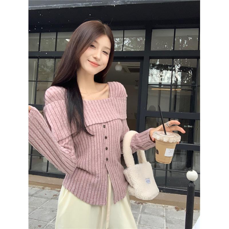 

Вязаный свитер с бархатистой текстурой и открытыми плечами - Женский облегающий свитер с квадратным вырезом для весны-зимы L