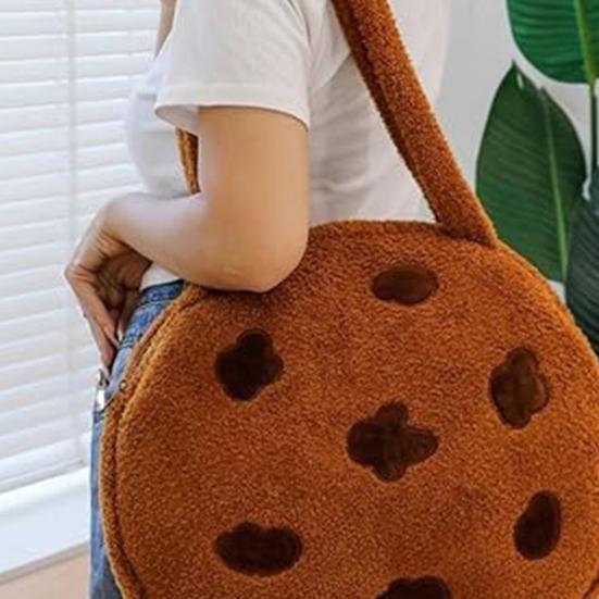 Schokoladenkeks Tragetasche Flauschiger Brauner Keks Umhängetasche Mit Reißverschluss Runde Plüsch Handtasche für Frauen Arbeit Reisen Straße Date