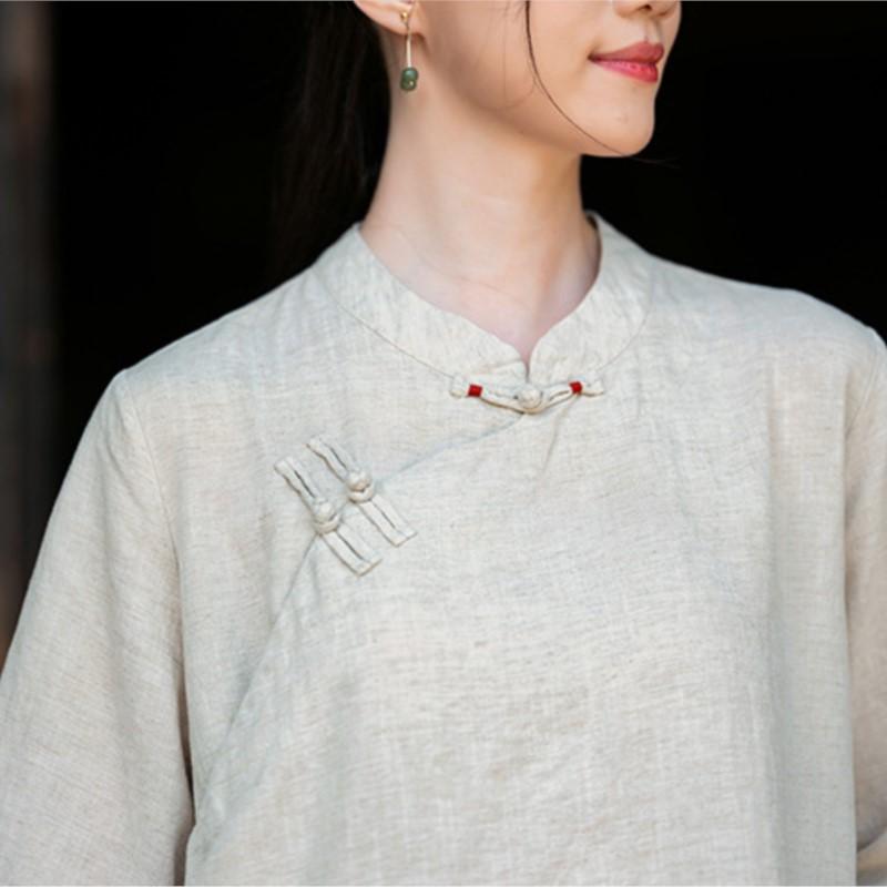 Johnature Vintage Women Shirts Stand Half Sleeve Solid Color Blouses Summer Button Chinese Style Loose Shirts