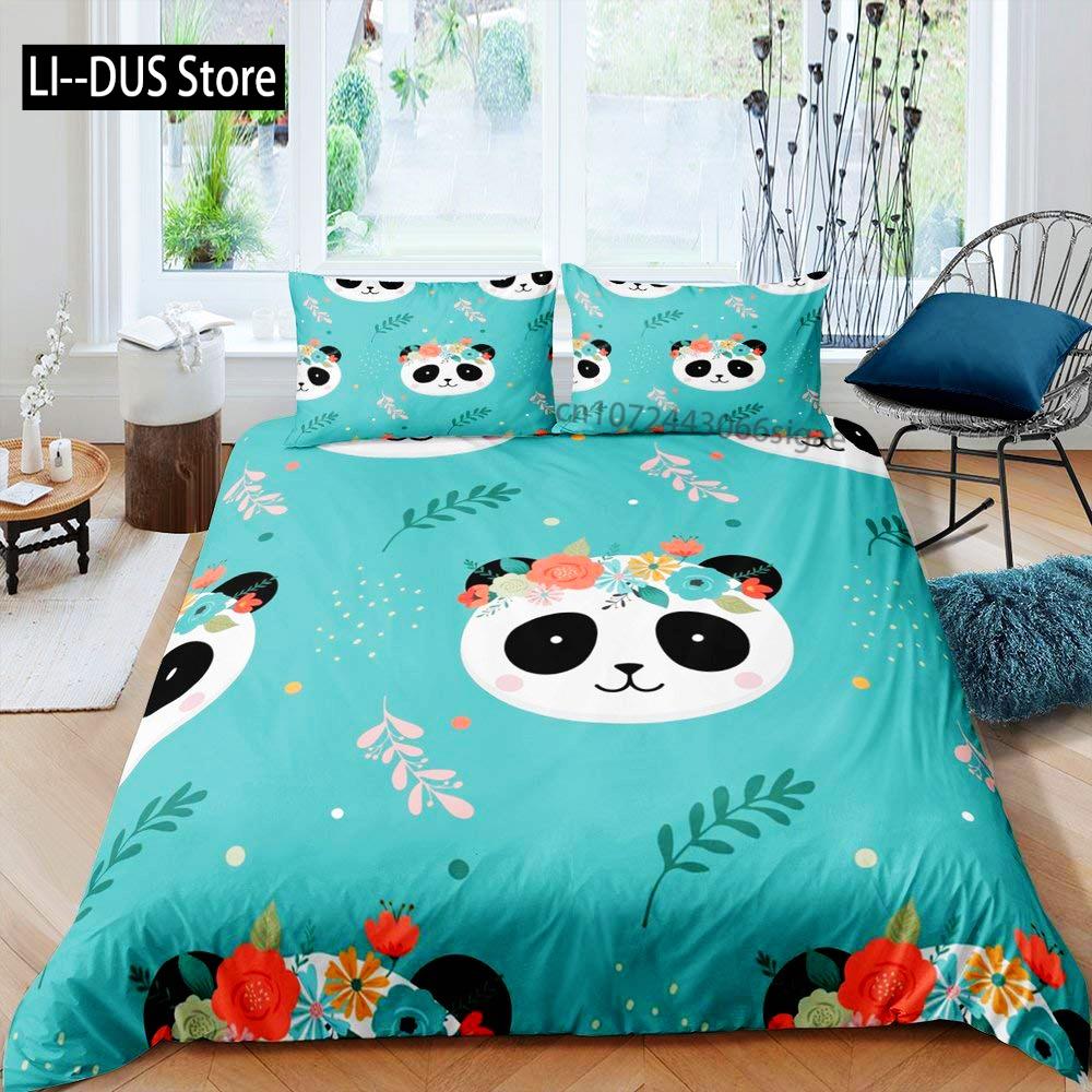 Kids Black Printed Cartoon Panda Beddings Cute Animal Pattern Teens Bedlinings 1 Duvet Cover Sets and 2 Pillowcases Full Size