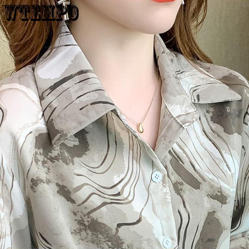 Spring and Autumn Women's Shirt Lapel Shirt Loose Vintage Tie-dyed Shirt Long-sleeved Printed Chiffon Shirt