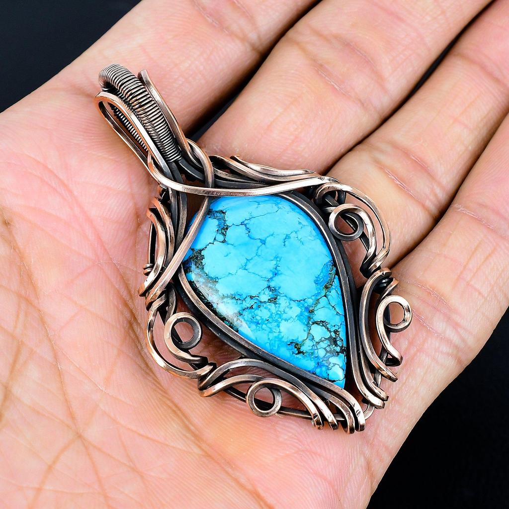 Turquoise 999 Copper Wire Wrapped Pendant, Handmade Gemstone Pendant Jewelry, Gifts For Wife Brand New Pendant