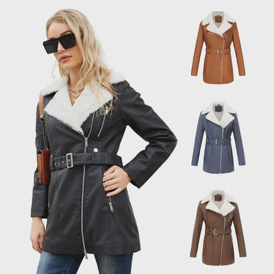 Women's Long-Sleeve Velvet Lined Leather Jacket with Lapel and Double-Head Zipper