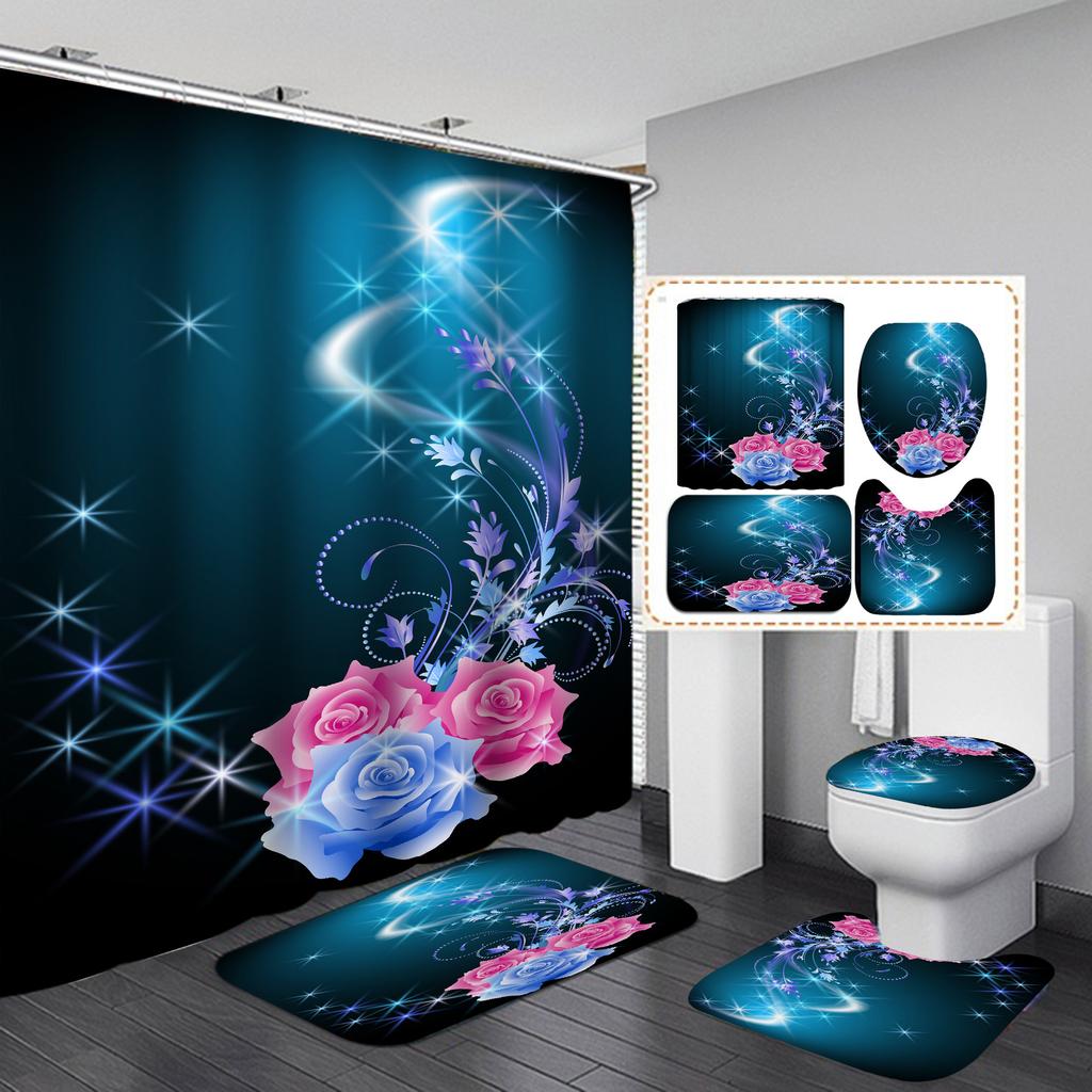 Romantic Rose Shower Curtain Polyester Waterproof Fashion Flowers Floor Mat Toilet Set Bath Accessories Mildew Proof