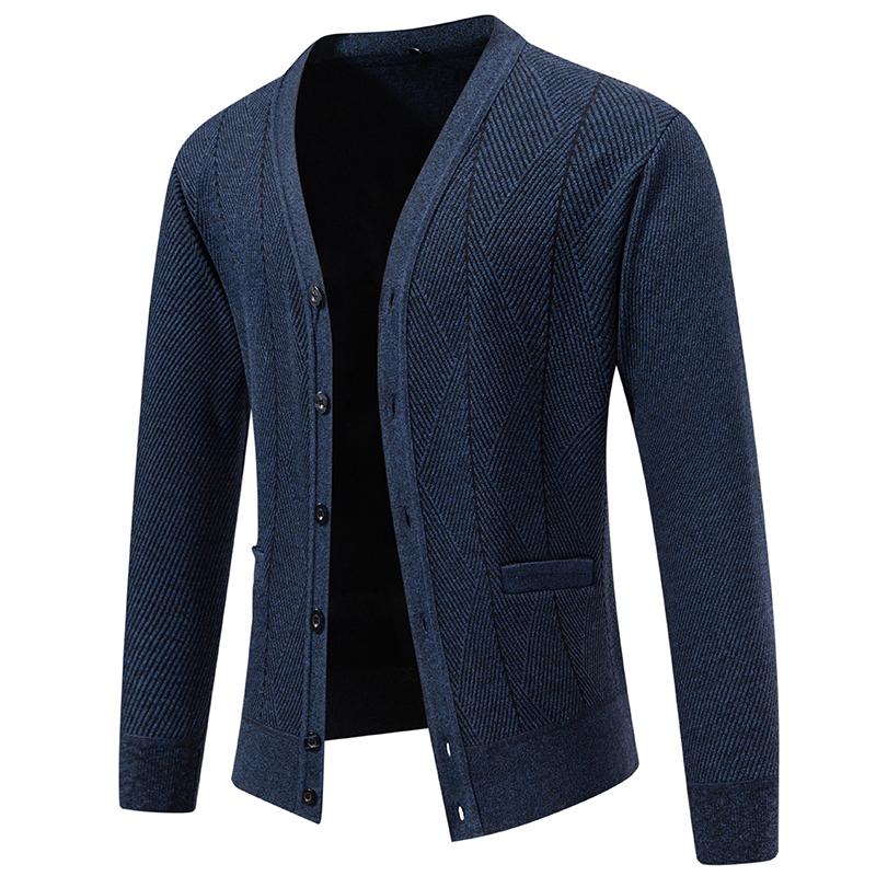 2025 Autumn Men Slim Fit Knit Sweatercoat Men Solid Color Fleece Knitted Cardigan Men Casual V-Neck Sweater Warm Outerwear
