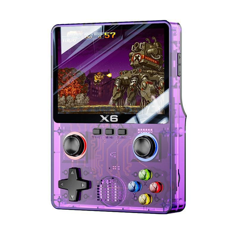 

X6 Retro Nostalgic Arcade Handheld Console with Dual Joystick, Large HD Color Screen, and Multi-Function Simulator. Transparent Purple