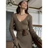 Women's New Solid Color Long Sleeve V-neck Slim Bodycon Knitted Maxi Dress Trendy Elegant Fashion Dresses
