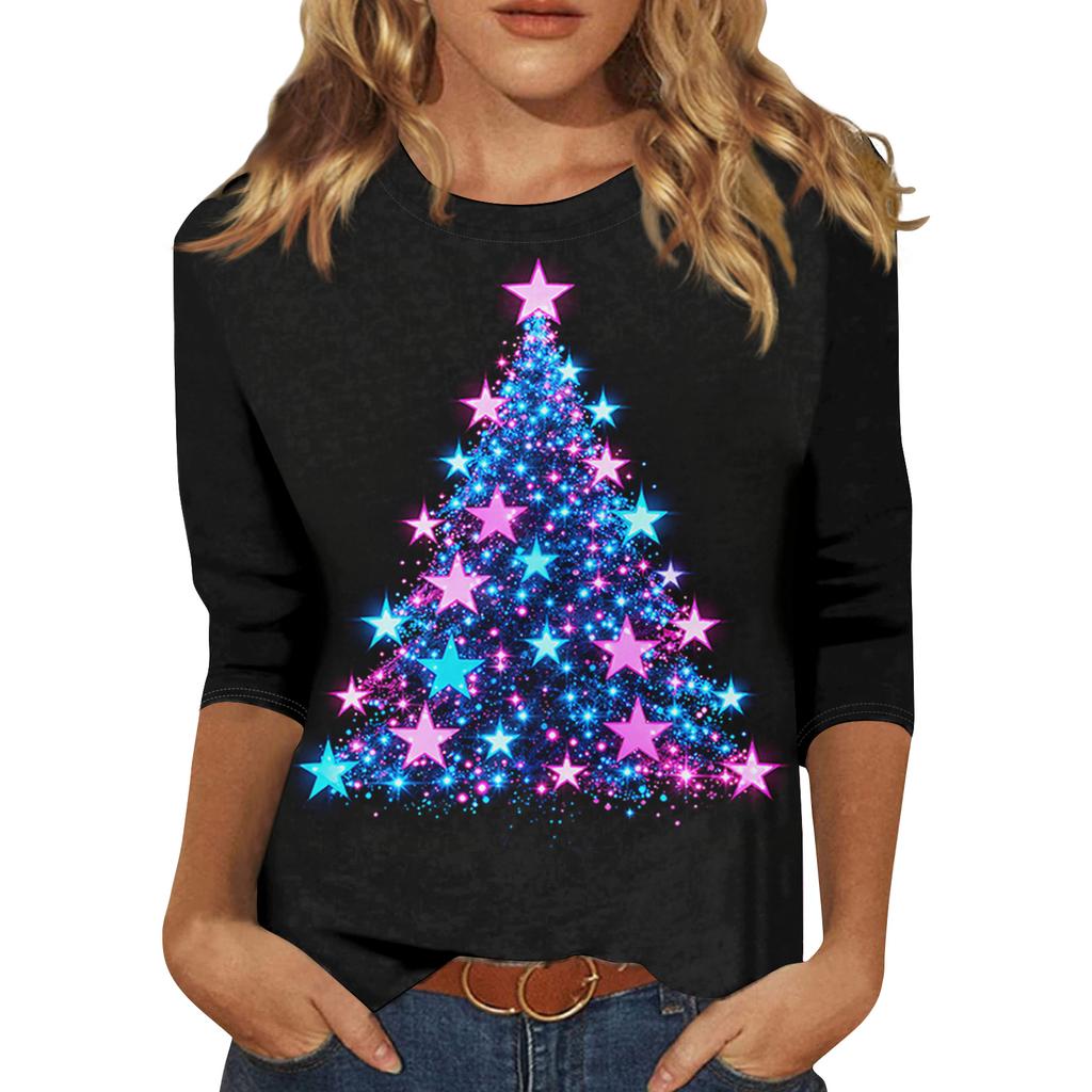 Dames Losse Comfortabele Casual Mode V-Hals Kerstprint Lange Mouw Hoodie