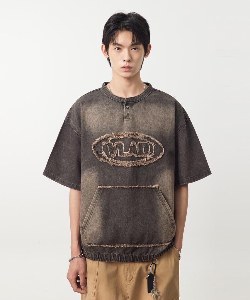 Dimiteulibeullaeg Vlad Cutoff Applique Denim Short Sleeve T-Shirt_Dust Black