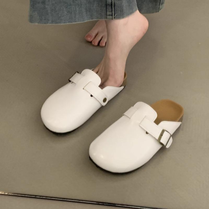 Autumn New Baotou Slippers Women's Fashion Round Toe Deep Mouth Metal Buckle Soft Sole Non-slip Flat Shoes