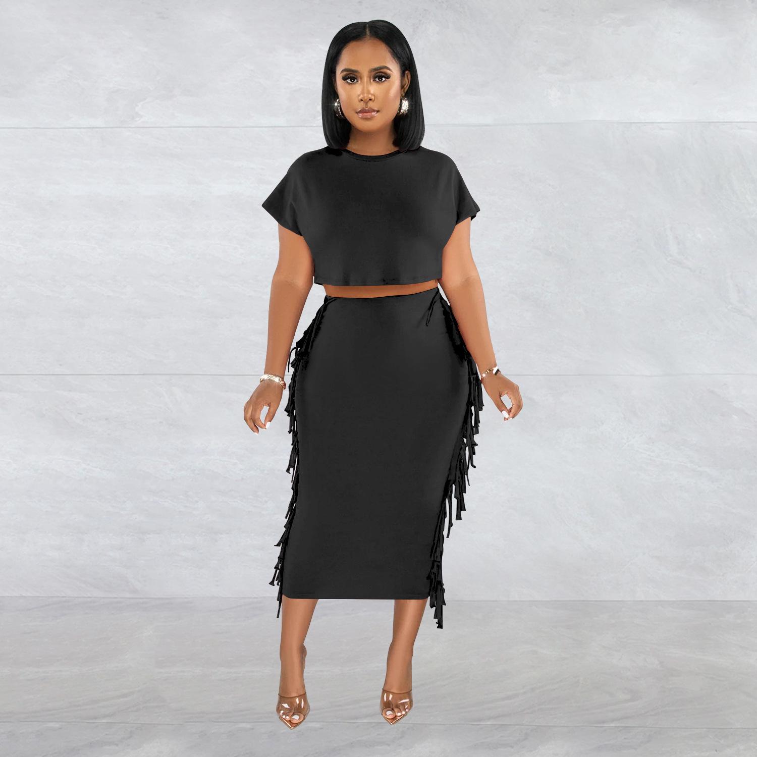 

Women s Solid Color Tassel Round Neck Short Sleeve Long Dress Two-Piece Set Extra Large чёрный