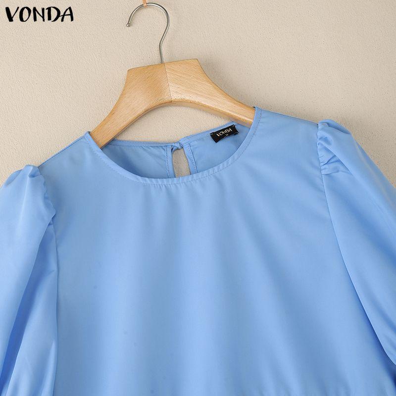 VONDA Damen Lässig Rundhals Puff Langarm Einfarbig Locker Bluse