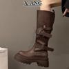 Cowhide Version Thick-soled Heightening Small Brown Boots Women's Knee Knight Boots High Boots Western Cowboy Boots