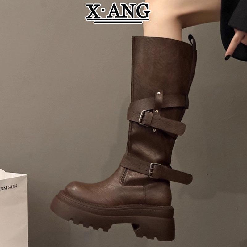 Cowhide Version Thick-soled Heightening Small Brown Boots Women's Knee Knight Boots High Boots Western Cowboy Boots