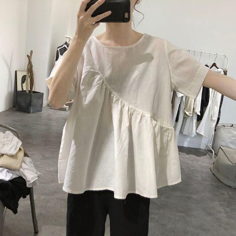 

European Loose Cotton-Linen Shirt Short Sleeves Shirt White L