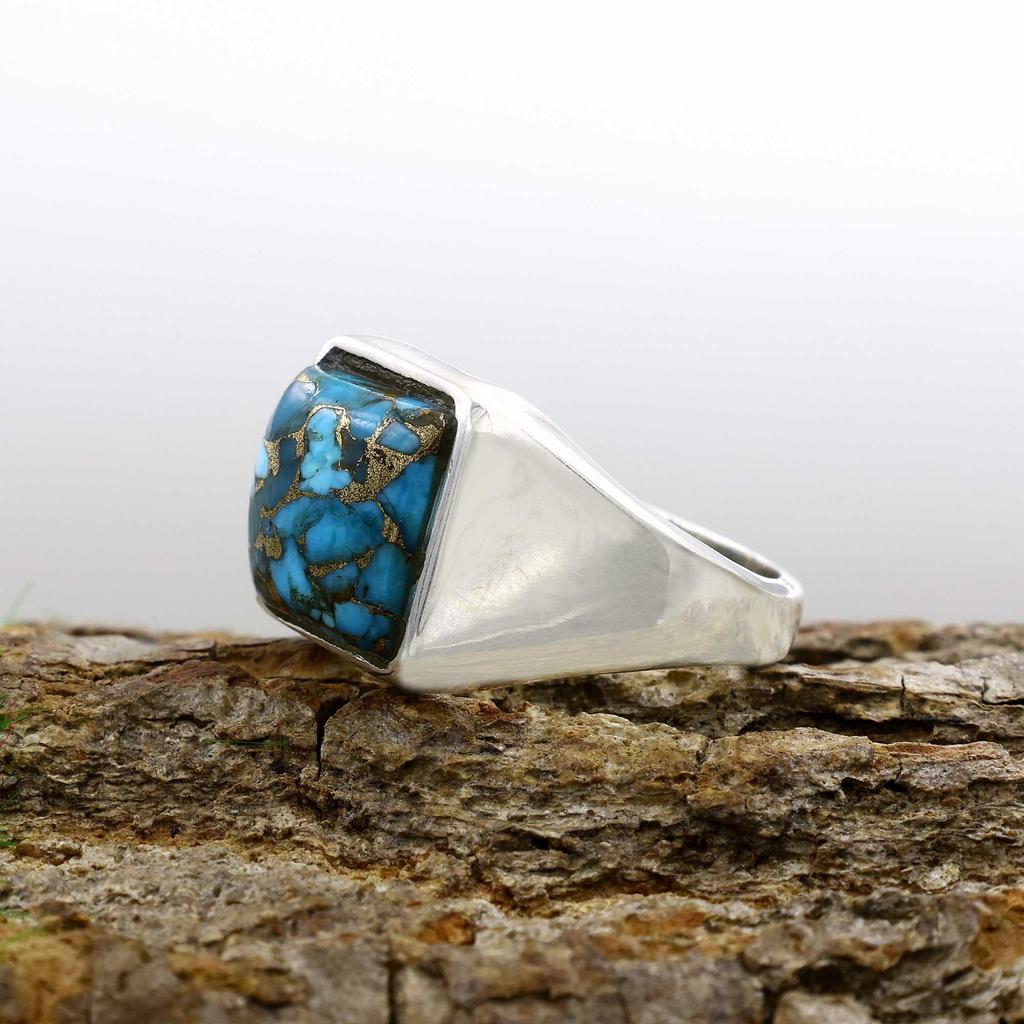 Blauer Kupfer Türkis Edelstein Ring, Massiver 925 Sterling Silber Ring, Geburtsstein Ring, Jubiläumsring, Herrenring