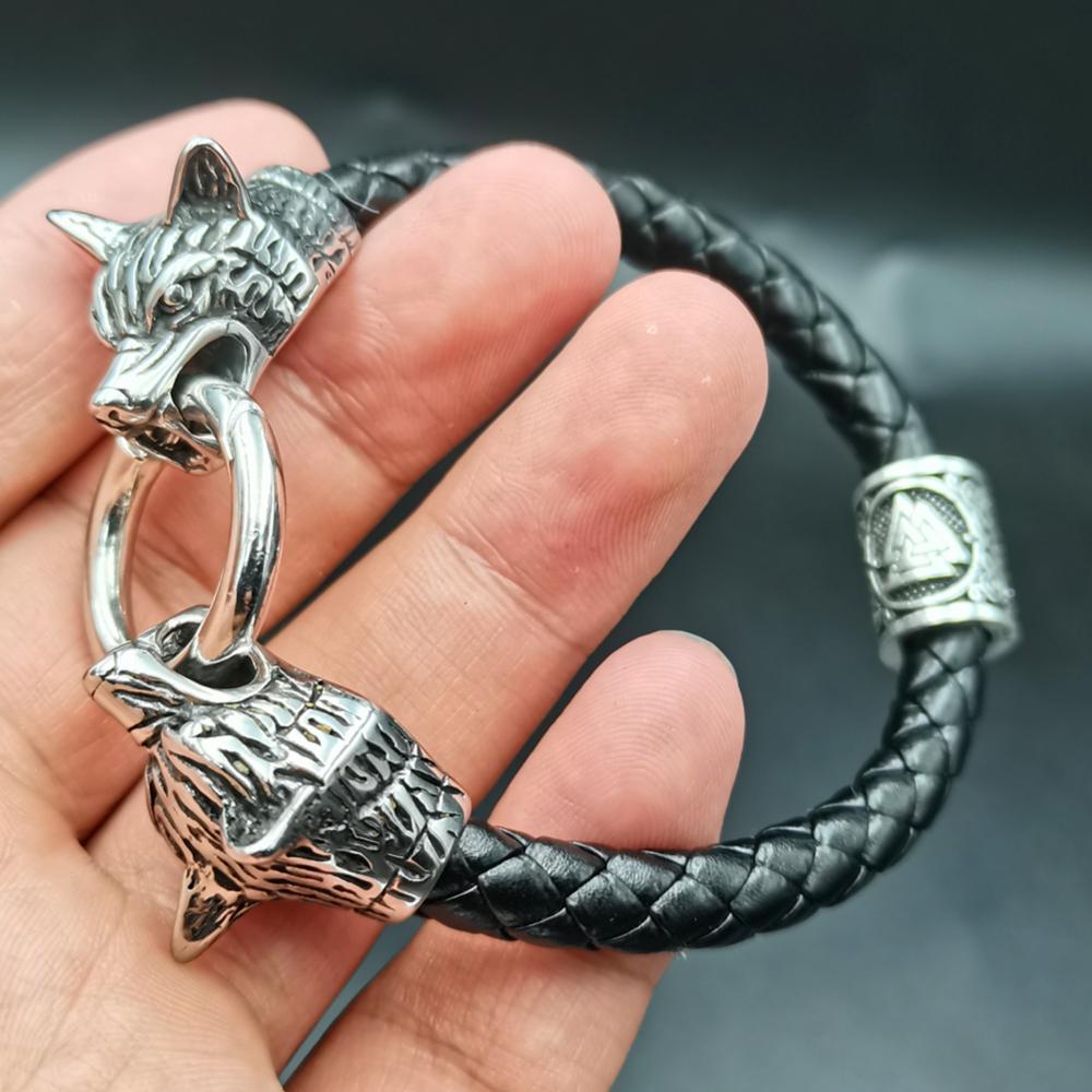 Wolf Head Bracelet Stainless Steel Viking Rune Bead Leather Bracelet Jewelry For Women Men Unisex Gift