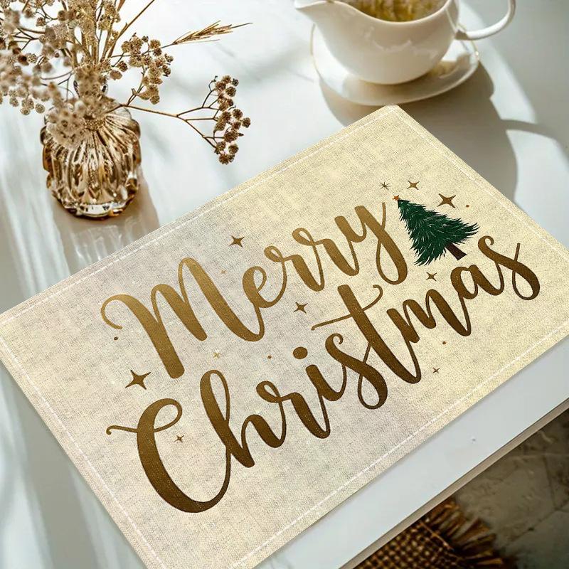 Christmas Linen Placemat Table Coffee Mat Poinsettia Pine Tree Snowflake Cone Merry Christmas Beige Red Green Elegant Decorative