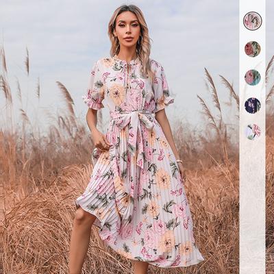 Sommer Damen Bedrucktes kurzärmeliges langes Rock-Rüschen-Design-Abteilungsgürtel Sexy Kleid für Frauen