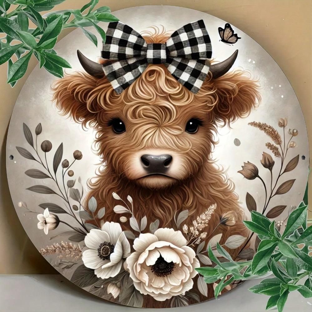 Metal Art Wall Decor Highland Cow Floral Wreath Round Sign Farmhouse Home Kitchen Gift