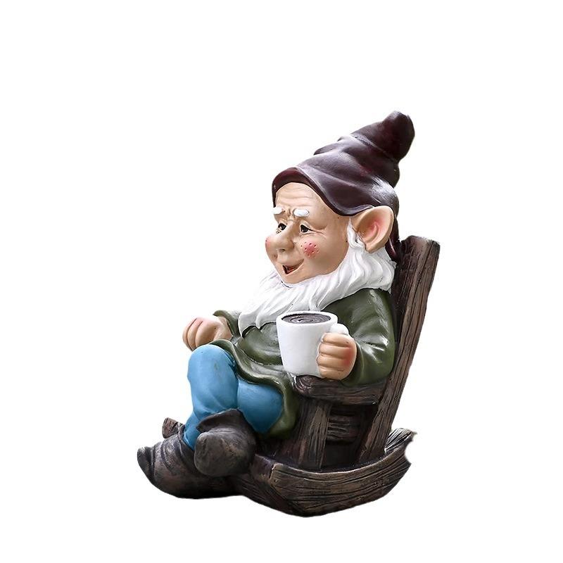 Gnome Dwarf Rocking Chair Ornament Resin Outdoor Garden Decoration Patio Drinking Tea Lazy Decoration