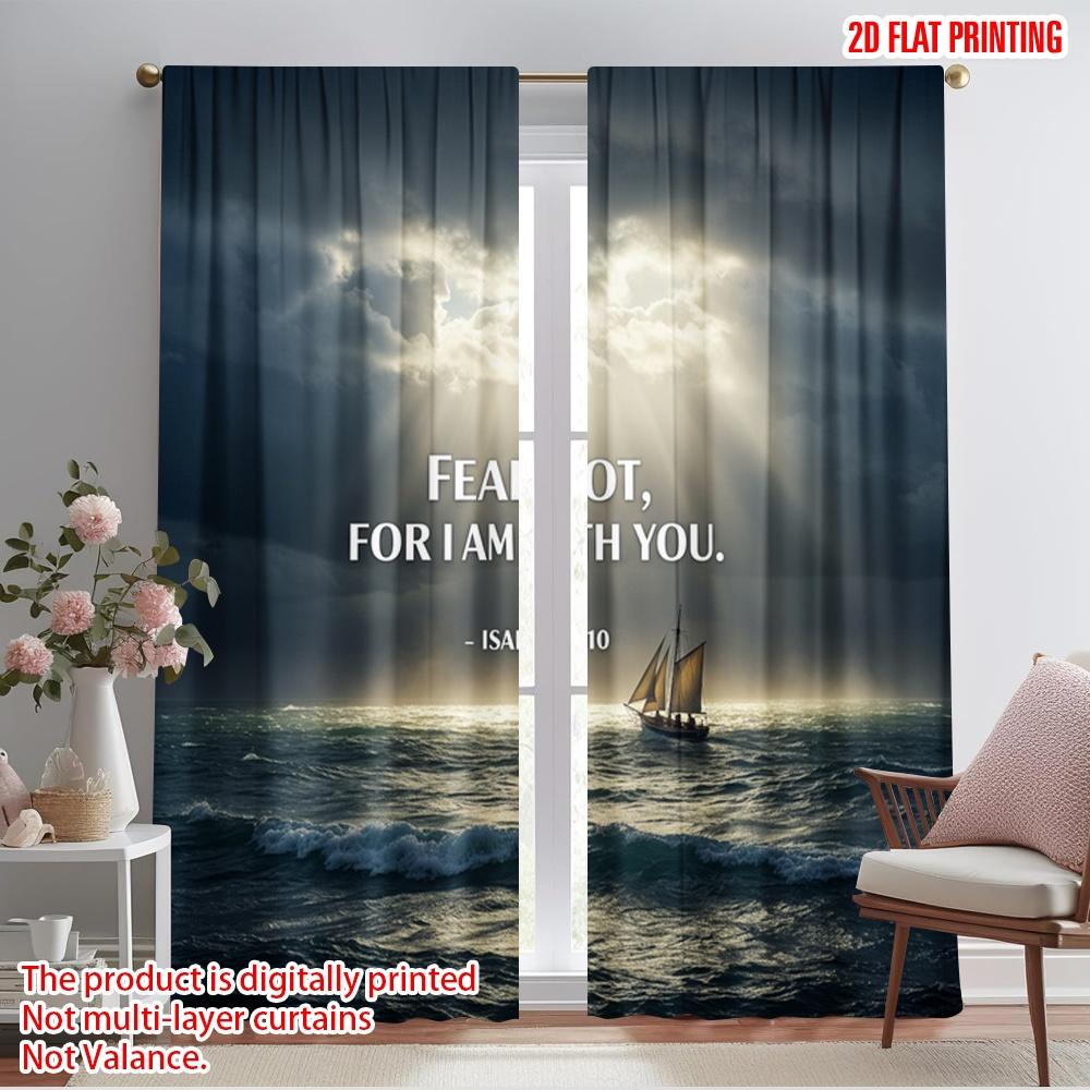 2pcs 2D Flat Printing Scene Curtains Fear Not With You Sailboat 100% Polyester Fabric Without Electricity Seasonal Party &