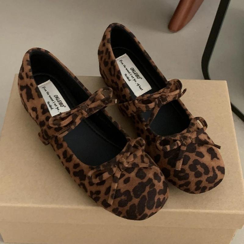 Fashion Suede Bowknot Mary Jane Shoes Women Shallow Comfort Leopard Print Ballet Shoes Ladies Fashion Retro Round Toe Flat Shoes Women