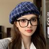 Frauen Winter Baskenmütze Plaid Print Kontrast Farbe Elastische Einstellbar Weiche Warme Dekorative Dome Dame Kappe Maler Hut