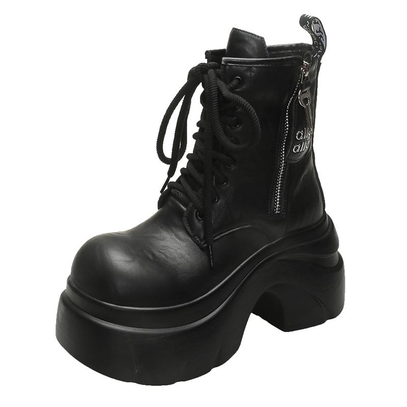 Women's PU Leather Ankle Boots Autumn Winter 9CM Heels Sneakers Round Toe Short Boots Woman Rivets Motorcycle Platform Botas