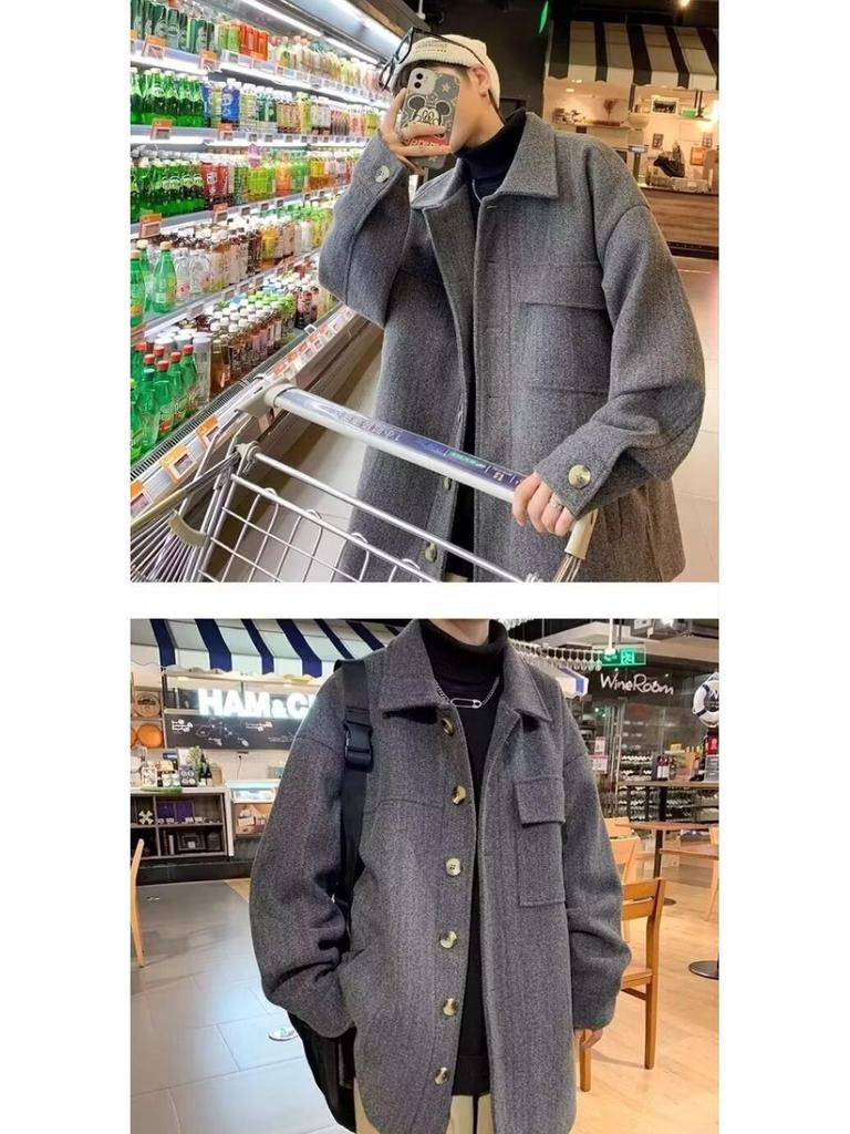 Men's Mid-Length Woolen Coat: Casual, Trendy, Oversized High-End Winter and Autumn Windbreaker.