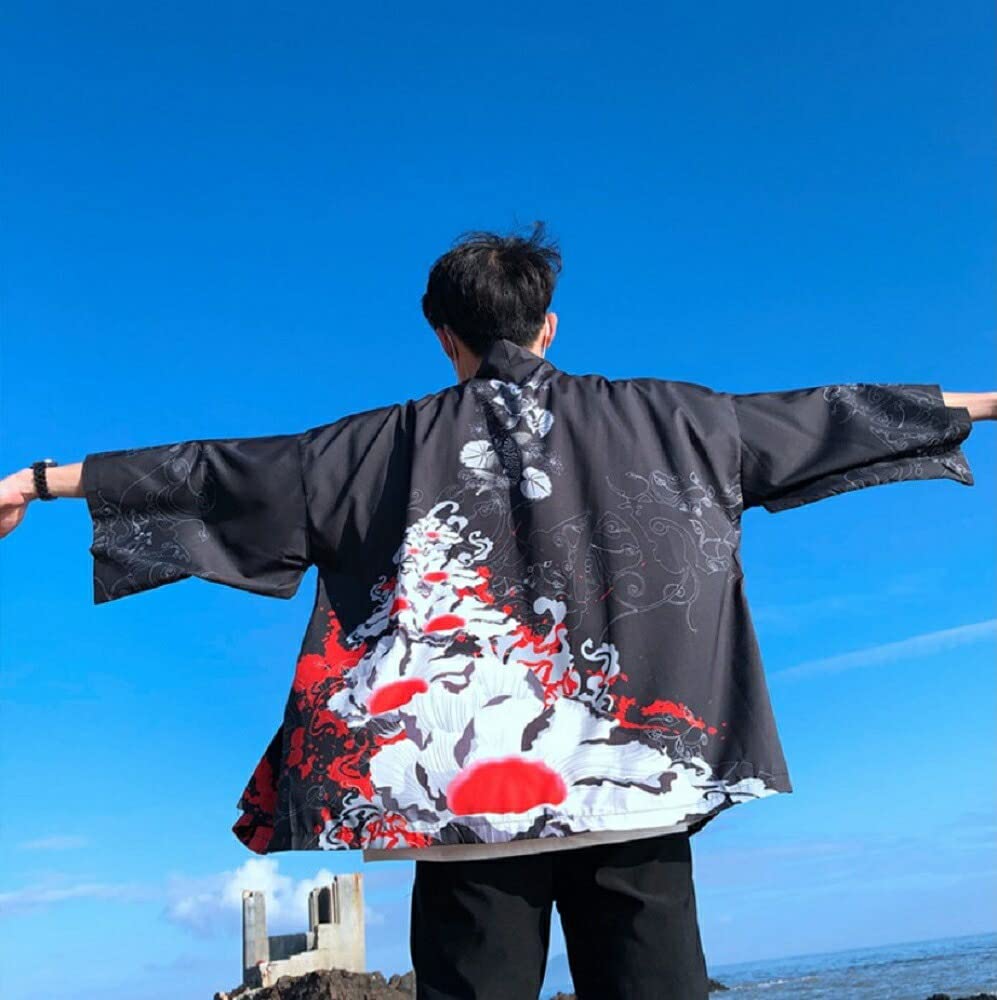 Happi Coat with Rising Carp and Flower for Summer Long Festival Costume [AiO JAPAN] Design, Black, Festivals, Temples, Shrines, Haori, Hanten, Hanten,