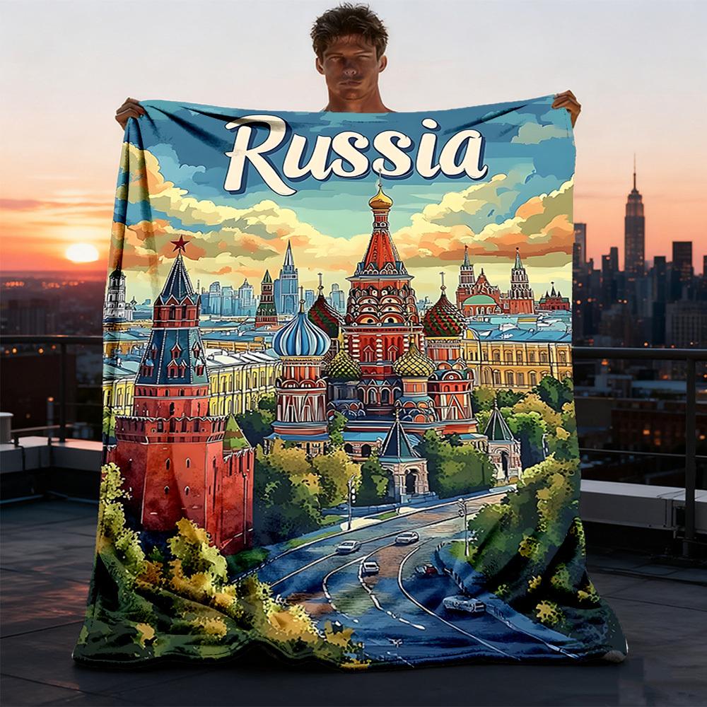 1pc Russia , Moscow Outdoor Flannel Blanket Soft All Season Polyester Throw , Perfect for Picnics & Travel , Picnic Accessory