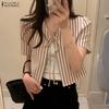 ZANZEA Women Lace-Up V-Neck Casual Short Sleeve Stripe Cardigan Blouse