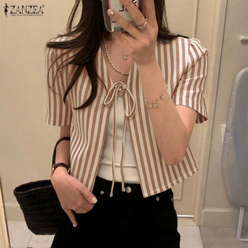 ZANZEA Women Lace-Up V-Neck Casual Short Sleeve Stripe Cardigan Blouse