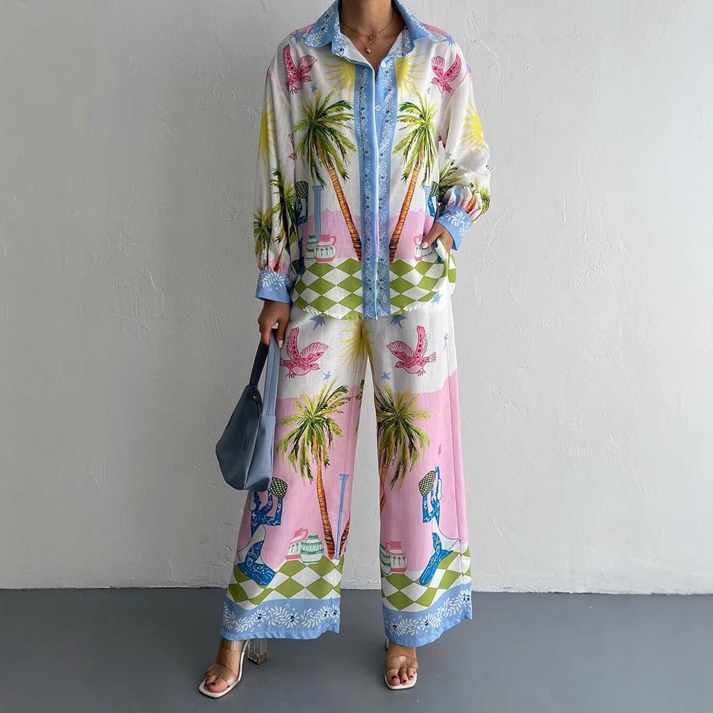Europäisches und Amerikanisches Neues Mode-Personalisierte-Bedruckte Leinen-Langarmhemd und Hose Zweiteiliges Set