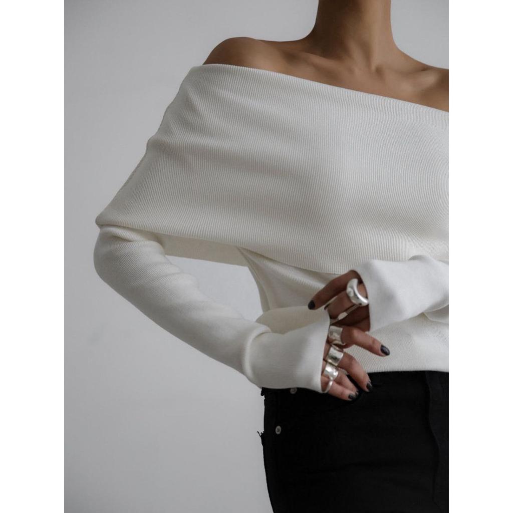 2025 Autumn Winter Women's Off Shoulder Sweater Long Sleeve Knitted Slim Fit Sexy Top