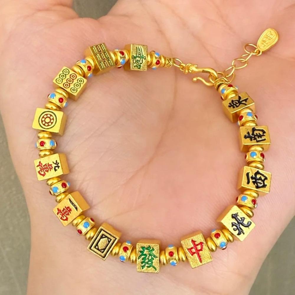 DIY Charm Golden Mahjong Bracelet Chinese Character Bohemian Style Bangle  Hipster