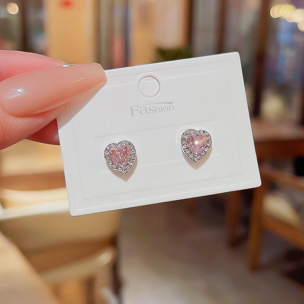 

925 Silver Heart Earrings with Pink Zircon - Niche Korean Style, Versatile and Elegant