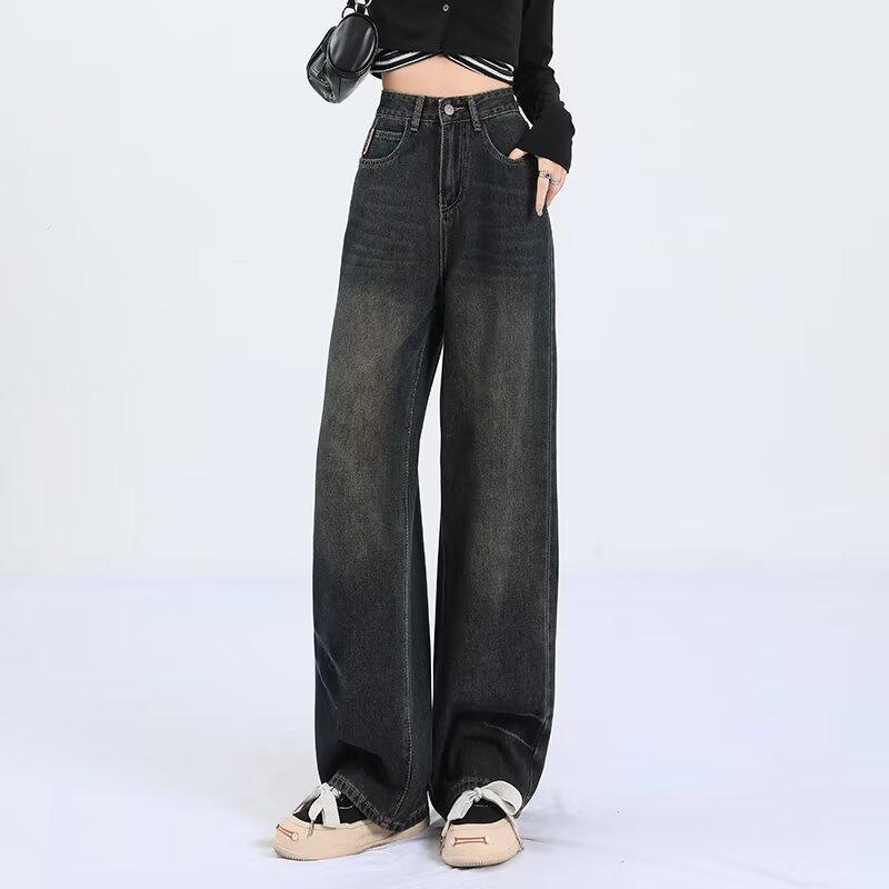 Spring & Autumn Retro High Waist Wide-Leg Women's Jeans - Vintage Hong Kong Style Straight Pants