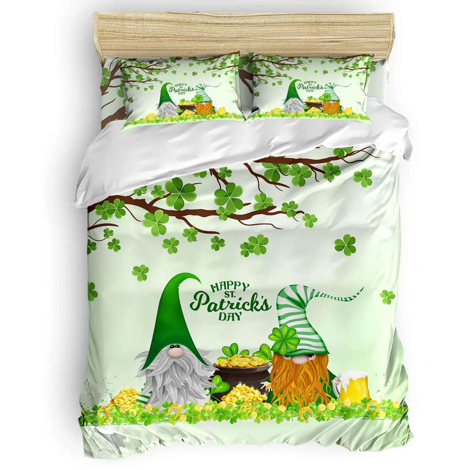 

St. Patrick s Day King Quen Beding Set Lucky Shamrocks Soft Duvet Cover Irish Clover Celebration Day Party Polyester Comfortable Quilt Cover 120*200cm Single