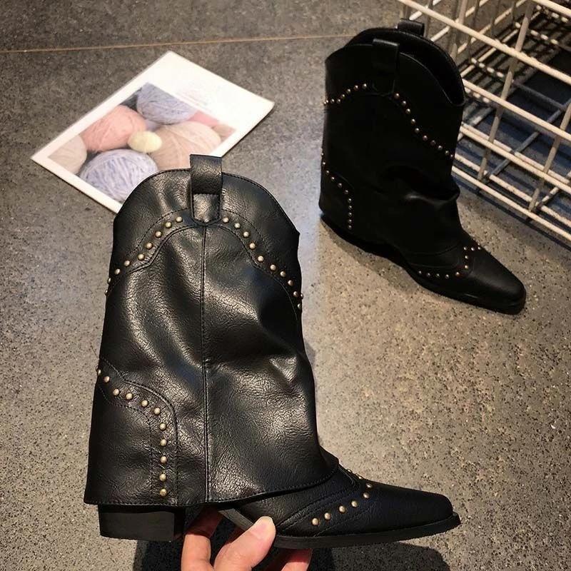 Fashion Black Pointed Toe Mid Calf Shoes Woman Waterproof Pu Demi-season on Offer Gyaru Hot Chic and Elegant Half High Boots for Women