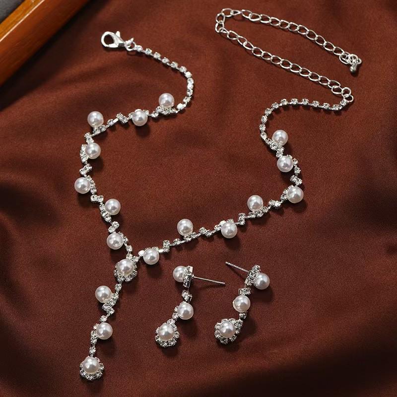 New Light Luxury Rhinestone Pearl Necklace & Earrings Set - Girls Jewelry серебряный