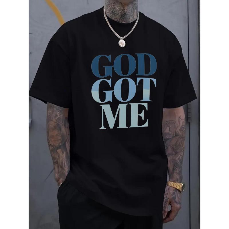 European Size Men'S Plus SizeMen's Casual T-Shirt Black GOD GOT ME Graphic Tee for Streetwear
