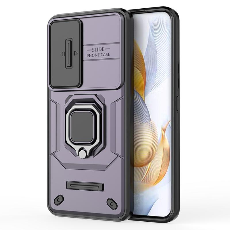 

For Honor 90 Case PC+TPU Ring Kickstand Cellphone Cover with Slide Lens Guard Blue