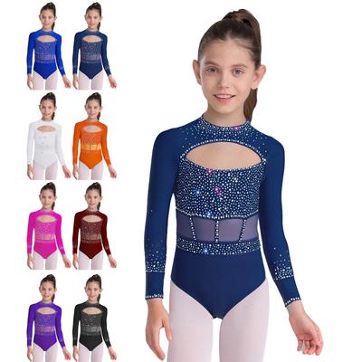 Dívčí taneční body s dlouhým rukávem, kamínkované leotard se zadním zipem a výstřihem pro vystoupení