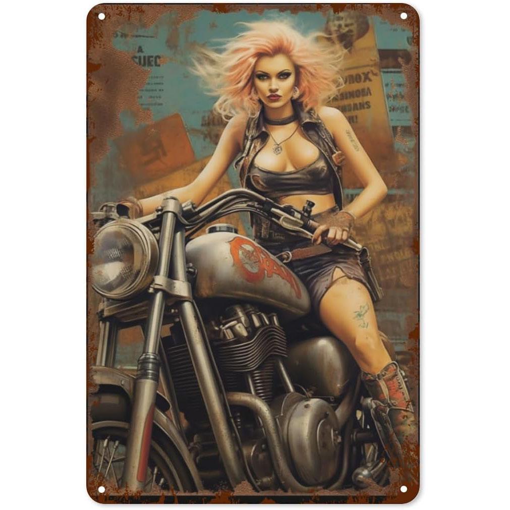 Metal Tin Signs Pinup Motorcycle Girl Wall Decoration Plaque Vintage Poster Iron Painting for Man Cave Home Cafe Garden Club Bar