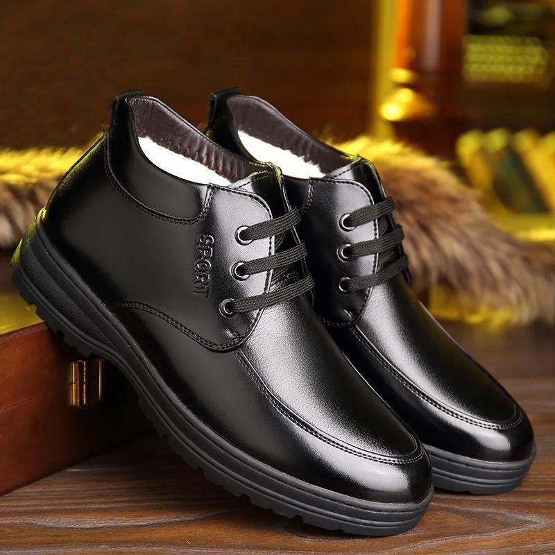 Leather cotton shoes for men's winter warmth, piled and thickened high-top men's casual cotton leather shoes