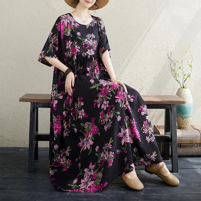 DIMANAF 2024 Plus Size Summer Women Vintage O-Neck Oversize Basic Casual Dress Loose Floral Print Long Dresses