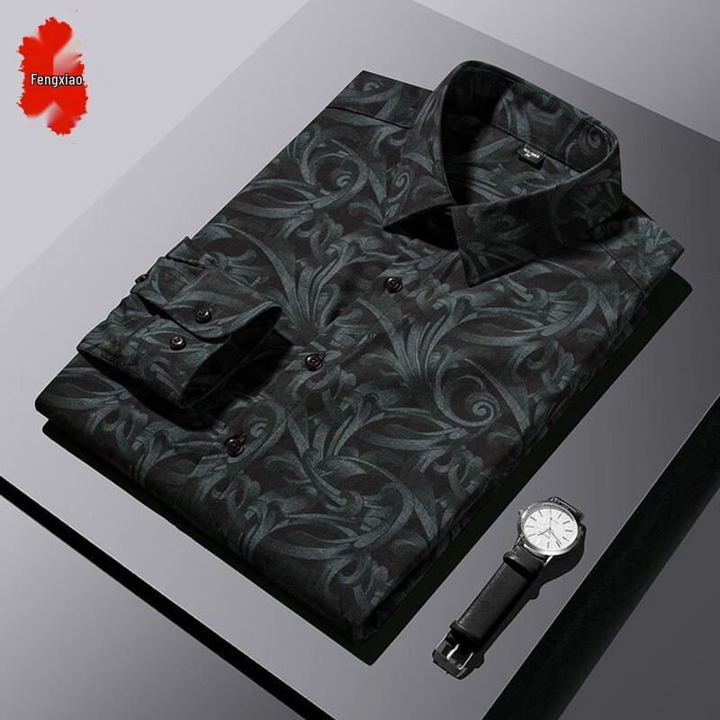 Men s Spring Autumn Retro Printed Loose Fit Long Sleeve Shirt L